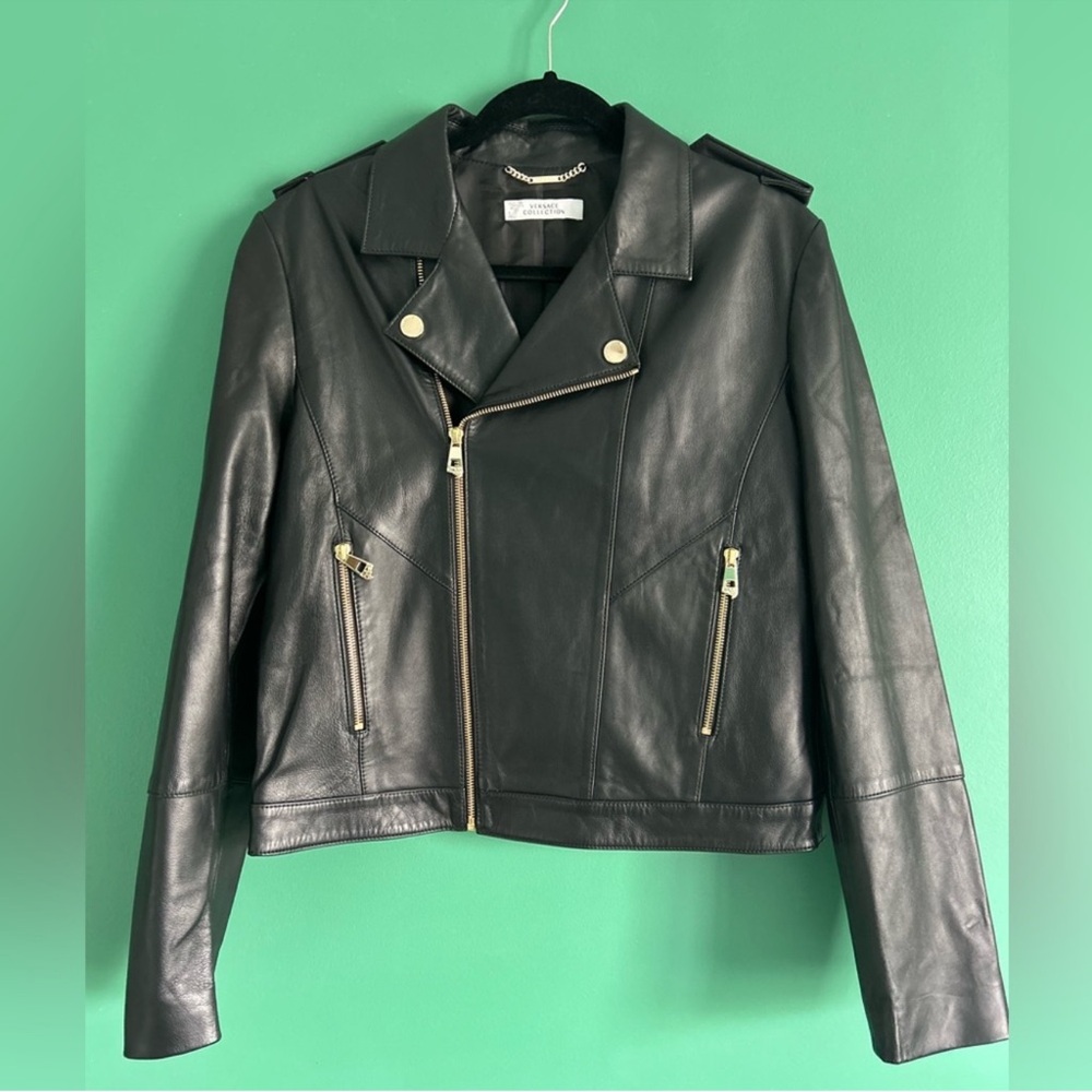 Versace Black Leather Moto Jacket with Gold Hardware